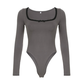 Lace edge square collar long-sleeved top