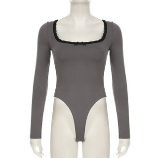 Lace edge square collar long-sleeved top