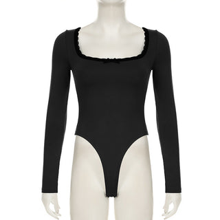 Lace edge square collar long-sleeved top