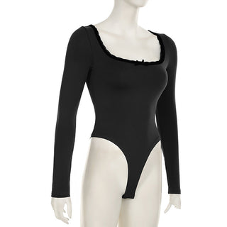 Lace edge square collar long-sleeved top