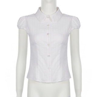 White striped texture puff sleeve shirt