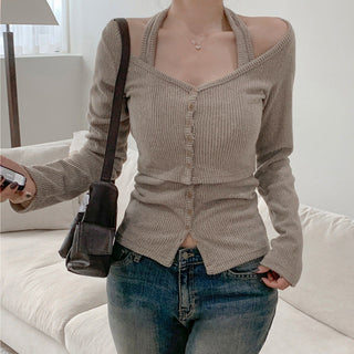 Ribbed slim top + knit cardigan two-piece set