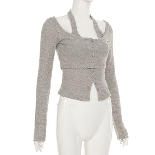 Ribbed slim top + knit cardigan two-piece set