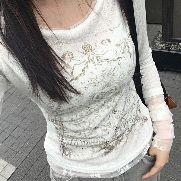 Printed lace slim top