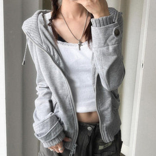Solid color hooded cardigan sweater