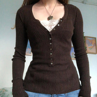 Button V-neck long-sleeved knit T-shirt
