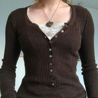 Button V-neck long-sleeved knit T-shirt