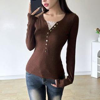 Button V-neck long-sleeved knit T-shirt