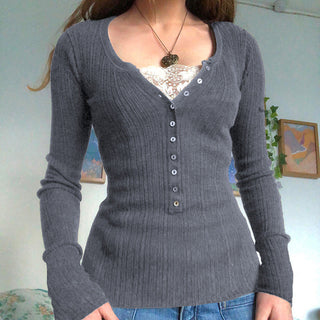Button V-neck long-sleeved knit T-shirt