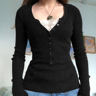 Button V-neck long-sleeved knit T-shirt