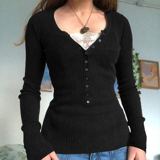 Button V-neck long-sleeved knit T-shirt