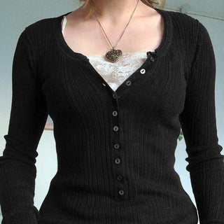 Button V-neck long-sleeved knit T-shirt