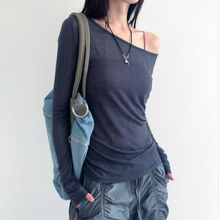 Button V-neck long-sleeved knit T-shirt