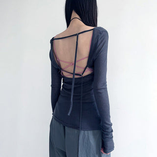 Button V-neck long-sleeved knit T-shirt