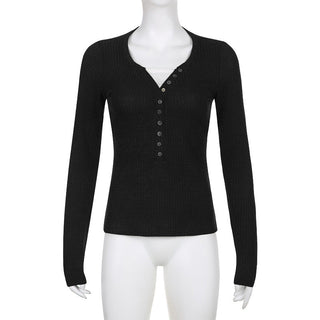 Button V-neck long-sleeved knit T-shirt