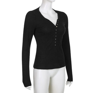Button V-neck long-sleeved knit T-shirt
