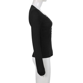 Button V-neck long-sleeved knit T-shirt