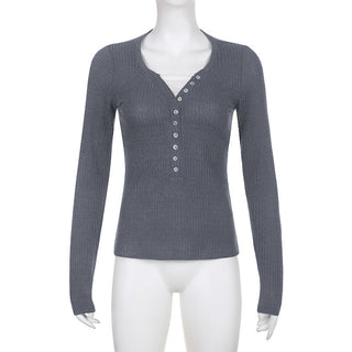 Button V-neck long-sleeved knit T-shirt