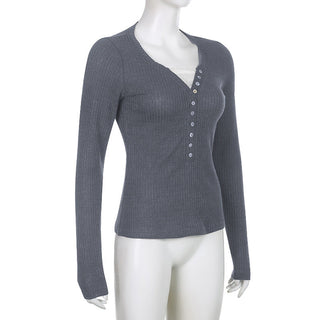 Button V-neck long-sleeved knit T-shirt