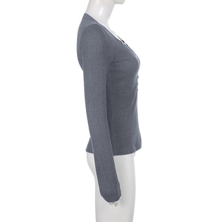 Button V-neck long-sleeved knit T-shirt