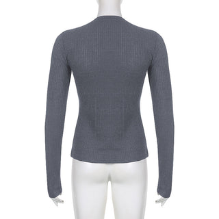Button V-neck long-sleeved knit T-shirt