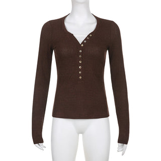 Button V-neck long-sleeved knit T-shirt
