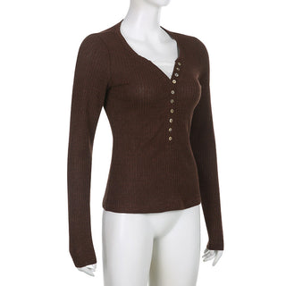 Button V-neck long-sleeved knit T-shirt