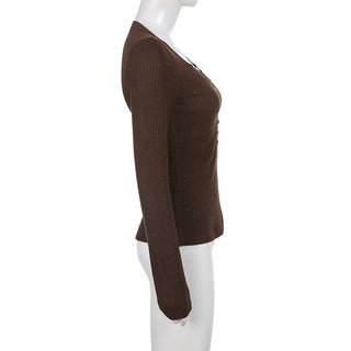 Button V-neck long-sleeved knit T-shirt
