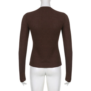 Button V-neck long-sleeved knit T-shirt