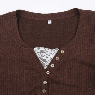 Button V-neck long-sleeved knit T-shirt