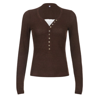 Button V-neck long-sleeved knit T-shirt