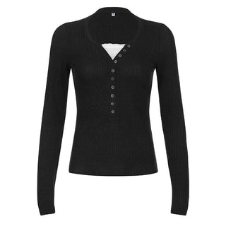 Button V-neck long-sleeved knit T-shirt