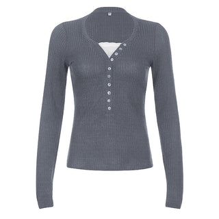 Button V-neck long-sleeved knit T-shirt