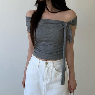 Knotted ribbon off-shoulder knitted top