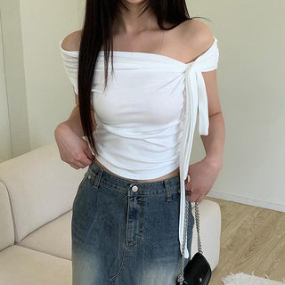 Knotted ribbon off-shoulder knitted top