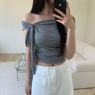 Knotted ribbon off-shoulder knitted top