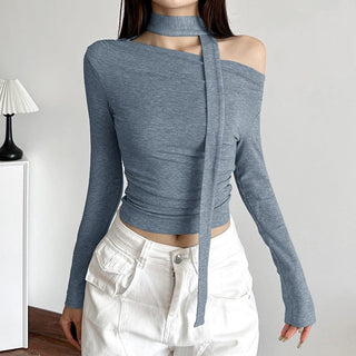 Knotted ribbon off-shoulder knitted top
