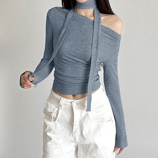 Knotted ribbon off-shoulder knitted top