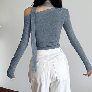Knotted ribbon off-shoulder knitted top