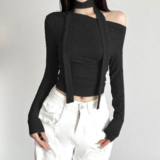 Knotted ribbon off-shoulder knitted top