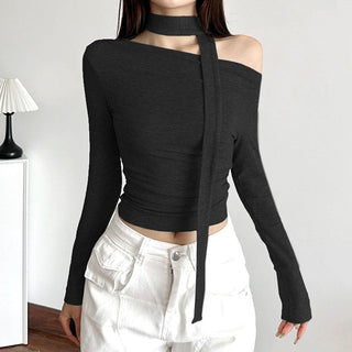 Knotted ribbon off-shoulder knitted top
