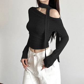 Knotted ribbon off-shoulder knitted top