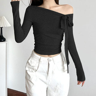 Knotted ribbon off-shoulder knitted top