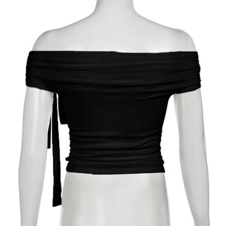 Knotted ribbon off-shoulder knitted top