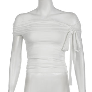 Knotted ribbon off-shoulder knitted top