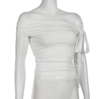 Knotted ribbon off-shoulder knitted top