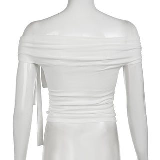 Knotted ribbon off-shoulder knitted top