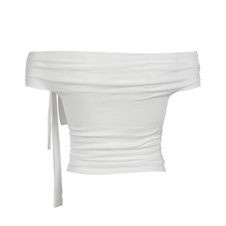 Knotted ribbon off-shoulder knitted top