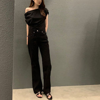 One shoulder loose short-sleeved T-shirt