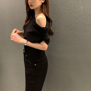 One shoulder loose short-sleeved T-shirt